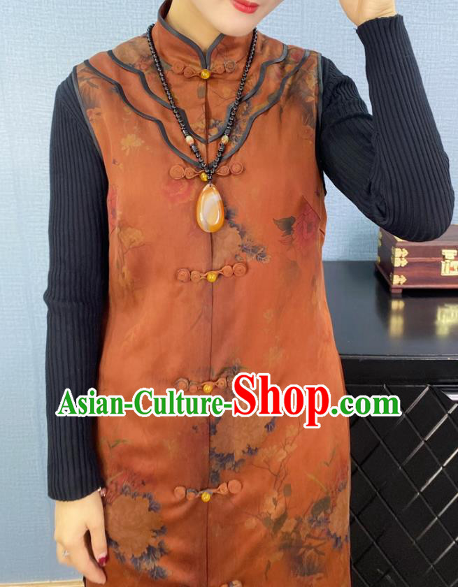 Chinese Traditional National Costume Women Brown Silk Long Vest Tang Suit Waistcoat Chinese Traditional National Costume Women Brown Silk Long Vest Tang Suit Waistcoat