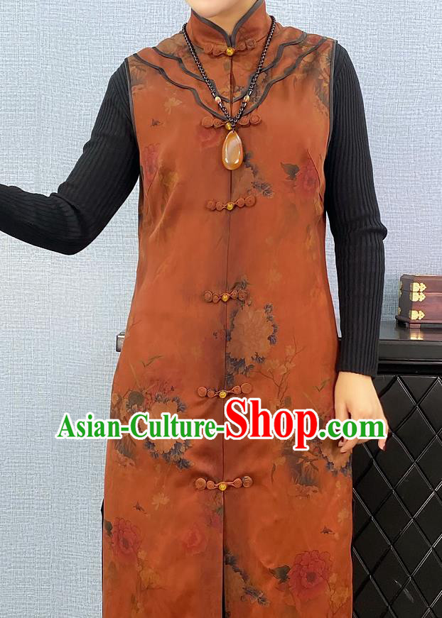 Chinese Traditional National Costume Women Brown Silk Long Vest Tang Suit Waistcoat Chinese Traditional National Costume Women Brown Silk Long Vest Tang Suit Waistcoat