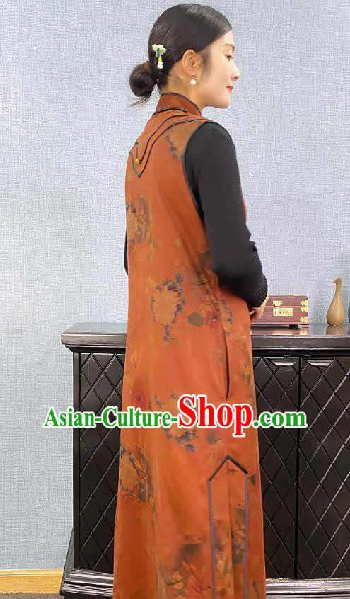 Chinese Traditional National Costume Women Brown Silk Long Vest Tang Suit Waistcoat Chinese Traditional National Costume Women Brown Silk Long Vest Tang Suit Waistcoat