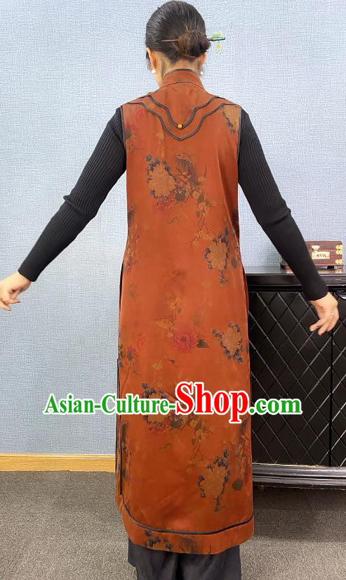 Chinese Traditional National Costume Women Brown Silk Long Vest Tang Suit Waistcoat Chinese Traditional National Costume Women Brown Silk Long Vest Tang Suit Waistcoat