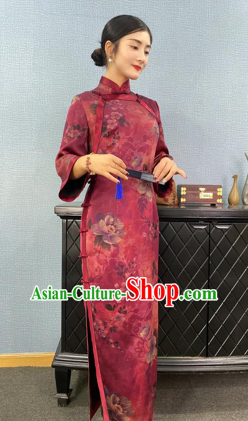 Asian Chinese Traditional Purple Silk Qipao Dress Classical Camellia Pattern Cheongsam Costume Asian Chinese Traditional Purple Silk Qipao Dress Classical Camellia Pattern Cheongsam Costume
