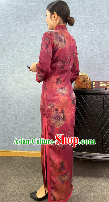 Asian Chinese Traditional Purple Silk Qipao Dress Classical Camellia Pattern Cheongsam Costume Asian Chinese Traditional Purple Silk Qipao Dress Classical Camellia Pattern Cheongsam Costume