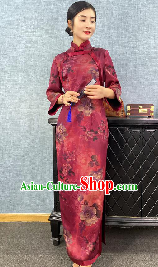 Asian Chinese Traditional Purple Silk Qipao Dress Classical Camellia Pattern Cheongsam Costume Asian Chinese Traditional Purple Silk Qipao Dress Classical Camellia Pattern Cheongsam Costume