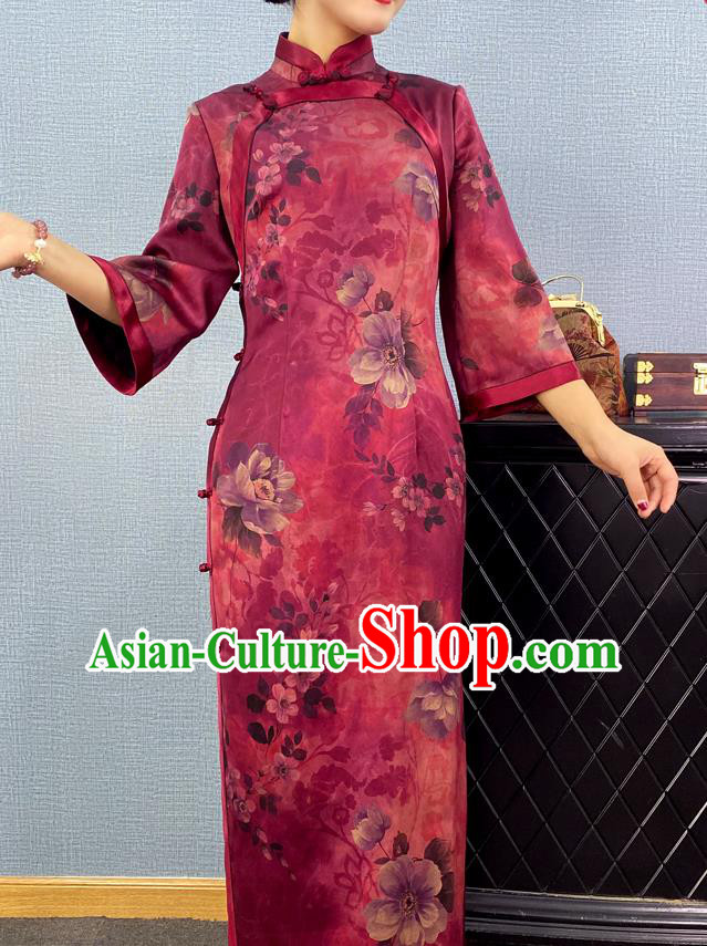 Asian Chinese Traditional Purple Silk Qipao Dress Classical Camellia Pattern Cheongsam Costume Asian Chinese Traditional Purple Silk Qipao Dress Classical Camellia Pattern Cheongsam Costume