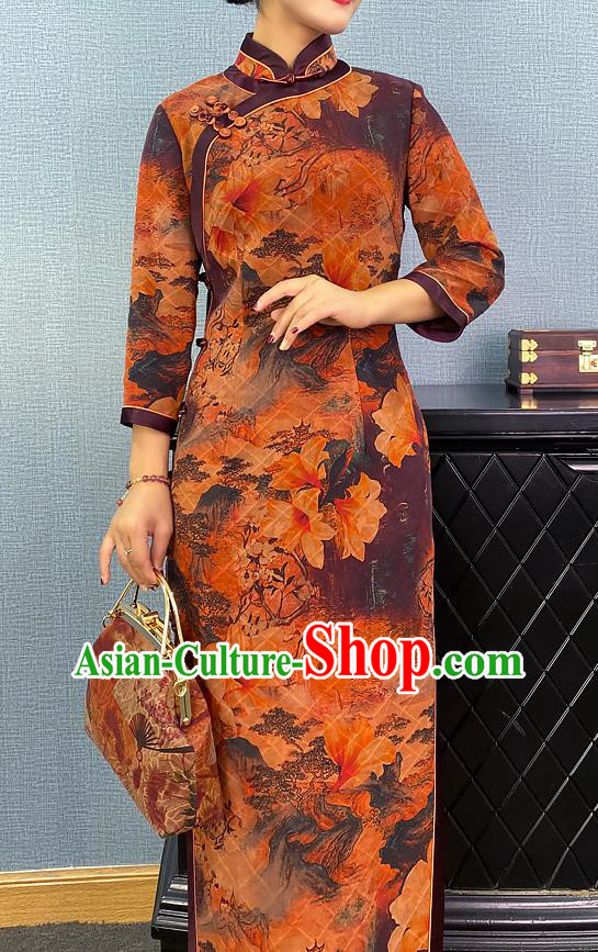 Asian Chinese Traditional Shanghai Beauty Qipao Dress Classical Mangnolia Pattern Ginger Cheongsam Costume Asian Chinese Traditional Shanghai Beauty Qipao Dress Classical Mangnolia Pattern Ginger Cheongsam Costume