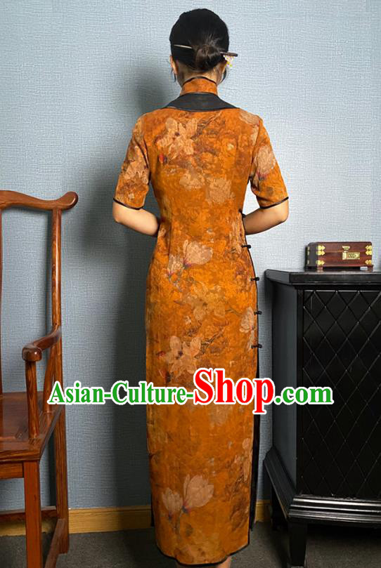 Asian Chinese Traditional Noble Beauty Qipao Dress Classical Mangnolia Pattern Orange Silk Cheongsam Costume Asian Chinese Traditional Noble Beauty Qipao Dress Classical Mangnolia Pattern Orange Silk Cheongsam Costume