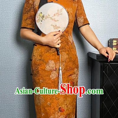 Asian Chinese Traditional Noble Beauty Qipao Dress Classical Mangnolia Pattern Orange Silk Cheongsam Costume