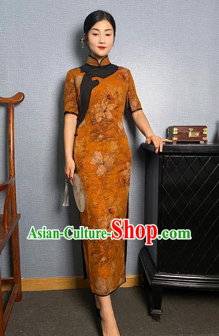 Asian Chinese Traditional Noble Beauty Qipao Dress Classical Mangnolia Pattern Orange Silk Cheongsam Costume Asian Chinese Traditional Noble Beauty Qipao Dress Classical Mangnolia Pattern Orange Silk Cheongsam Costume
