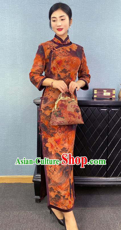 Asian Chinese Traditional Shanghai Beauty Qipao Dress Classical Mangnolia Pattern Ginger Cheongsam Costume Asian Chinese Traditional Shanghai Beauty Qipao Dress Classical Mangnolia Pattern Ginger Cheongsam Costume