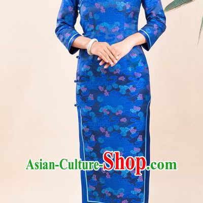 Asian Chinese Traditional Wedding Mother Song Brocade Qipao Dress Classical Royalblue Silk Cheongsam Costume