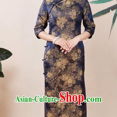Asian Chinese Classical Rich Woman Cheongsam Costume Traditional Elderly Mother Brocade Qipao Dress