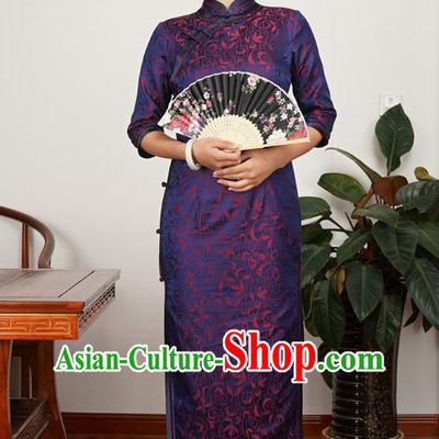 Asian Chinese Classical Purple Silk Cheongsam Costume Traditional Wedding Mother Brocade Qipao Dress