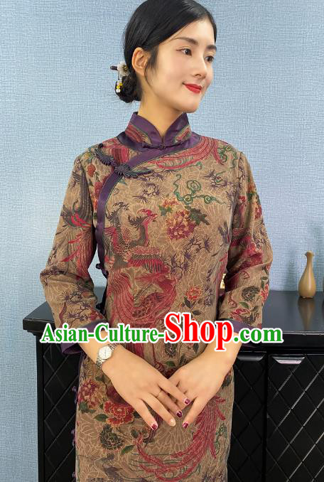 Asian Chinese Classical Phoenix Peony Pattern Ginger Cheongsam Costume Traditional Shanghai Beauty Qipao Dress Asian Chinese Classical Phoenix Peony Pattern Ginger Cheongsam Costume Traditional Shanghai Beauty Qipao Dress