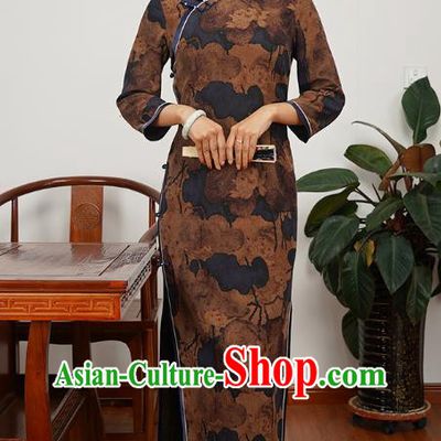 Asian Chinese Young Beauty Classical Lotus Pattern Brown Silk Cheongsam Costume Traditional Shanghai Lady Qipao Dress