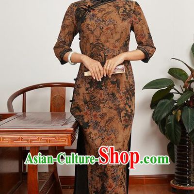 Asian Chinese Classical Landscape Pattern Brown Silk Cheongsam Costume Traditional Shanghai Beauty Qipao Dress