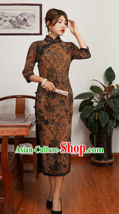 Asian Chinese Classical Landscape Pattern Brown Silk Cheongsam Costume Traditional Shanghai Beauty Qipao Dress Asian Chinese Classical Landscape Pattern Brown Silk Cheongsam Costume Traditional Shanghai Beauty Qipao Dress