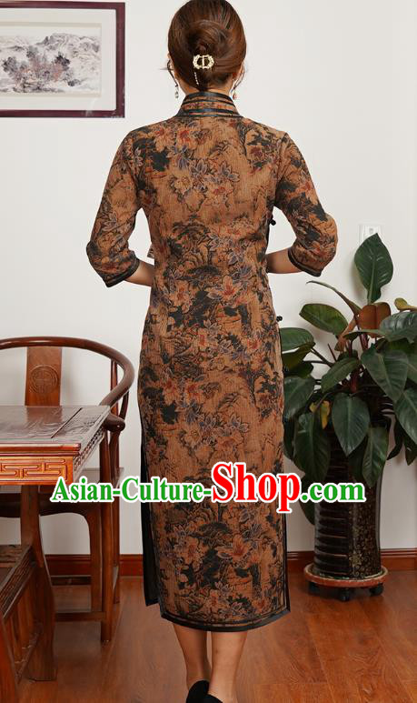 Asian Chinese Classical Landscape Pattern Brown Silk Cheongsam Costume Traditional Shanghai Beauty Qipao Dress Asian Chinese Classical Landscape Pattern Brown Silk Cheongsam Costume Traditional Shanghai Beauty Qipao Dress