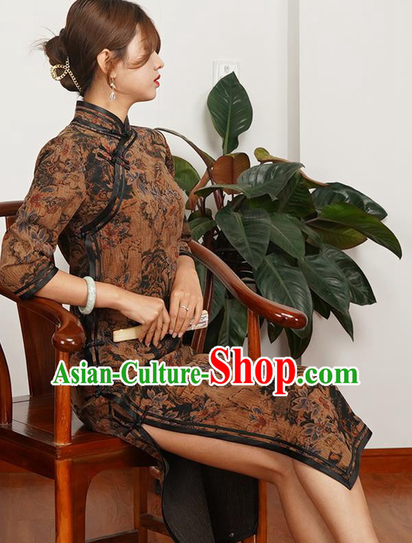Asian Chinese Classical Landscape Pattern Brown Silk Cheongsam Costume Traditional Shanghai Beauty Qipao Dress Asian Chinese Classical Landscape Pattern Brown Silk Cheongsam Costume Traditional Shanghai Beauty Qipao Dress