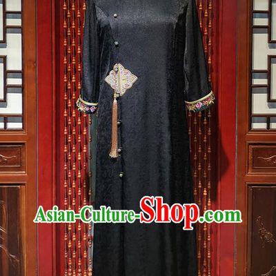 Asian Chinese National Woman Clothing Classical Black Silk Cheongsam Costume Traditional Embroidered Qipao Dress