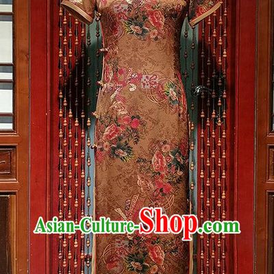 Asian Chinese Traditional Brown Brocade Qipao Dress National Woman Clothing Classical Silk Cheongsam Costume