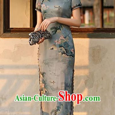 Asian Chinese National Clothing Classical Printing Lotus Grey Brocade Cheongsam Traditional Young Lady Qipao Dress
