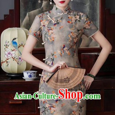 Asian Chinese Traditional Printing Mangnolia Qipao Dress National Young Lady Clothing Classical Grey Cheongsam
