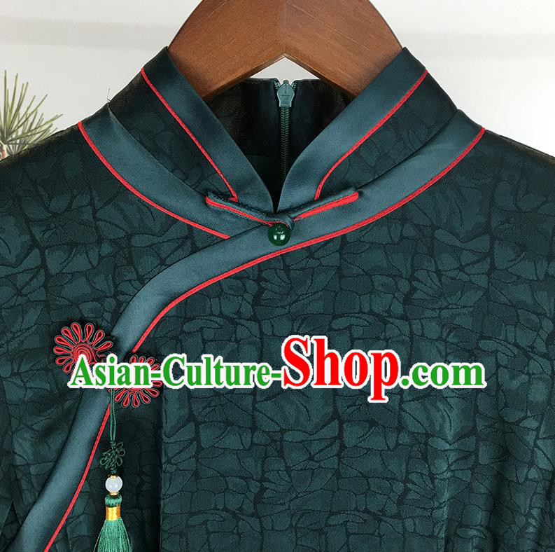 Chinese Classical Young Mistress Cheongsam Traditional Deep Green Silk Qipao Dress Clothing Chinese Classical Young Mistress Cheongsam Traditional Deep Green Silk Qipao Dress Clothing
