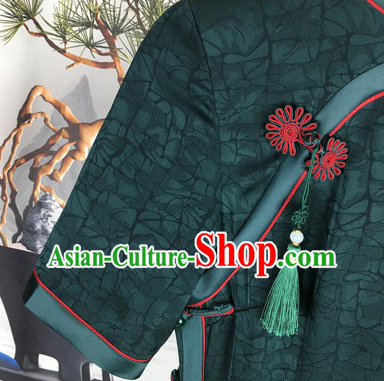 Chinese Classical Young Mistress Cheongsam Traditional Deep Green Silk Qipao Dress Clothing Chinese Classical Young Mistress Cheongsam Traditional Deep Green Silk Qipao Dress Clothing
