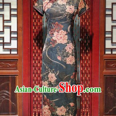 Chinese Classical Printing Peony Dark Green Cheongsam Traditional Stage Performance Qipao Dress National Young Woman Clothing