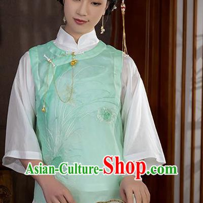 Chinese Traditional National Embroidered Light Green Organdy Vest Costume Women Tang Suit Waistcoat
