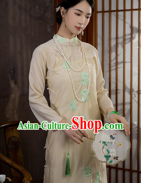 China National Apricot Silk Qipao Dress Clothing Traditional Embroidered Cheongsam China National Apricot Silk Qipao Dress Clothing Traditional Embroidered Cheongsam