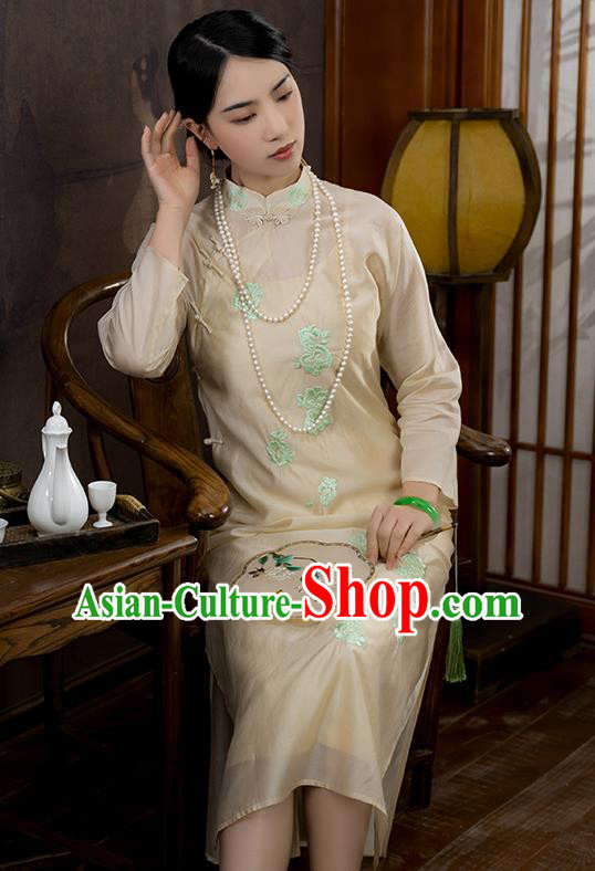 China National Apricot Silk Qipao Dress Clothing Traditional Embroidered Cheongsam China National Apricot Silk Qipao Dress Clothing Traditional Embroidered Cheongsam