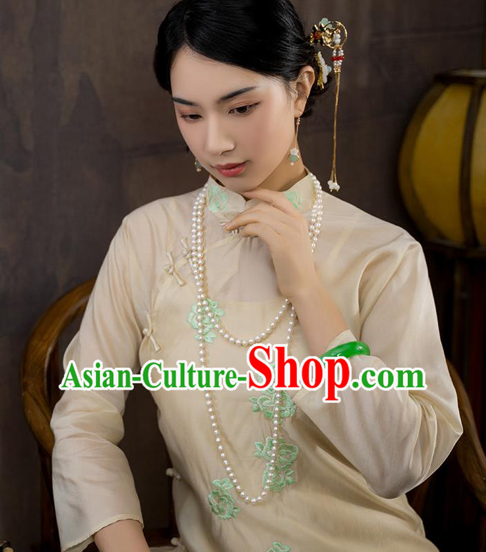 China National Apricot Silk Qipao Dress Clothing Traditional Embroidered Cheongsam China National Apricot Silk Qipao Dress Clothing Traditional Embroidered Cheongsam