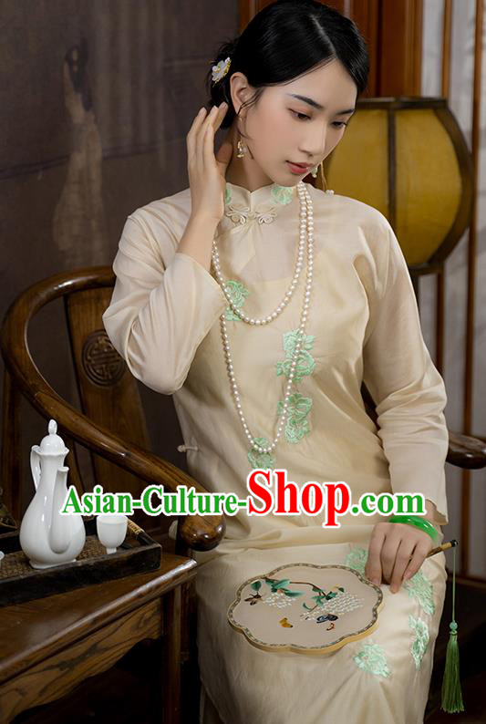 China National Apricot Silk Qipao Dress Clothing Traditional Embroidered Cheongsam China National Apricot Silk Qipao Dress Clothing Traditional Embroidered Cheongsam