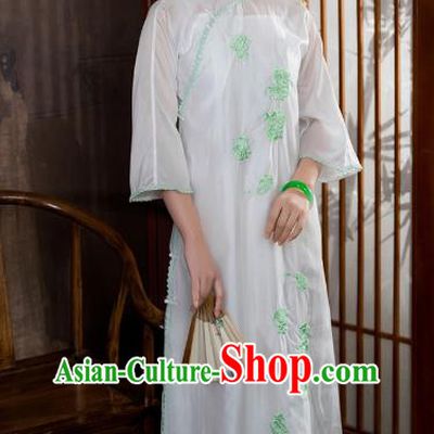 China National Stand Collar Qipao Dress Clothing Traditional Embroidered White Tencel Cheongsam