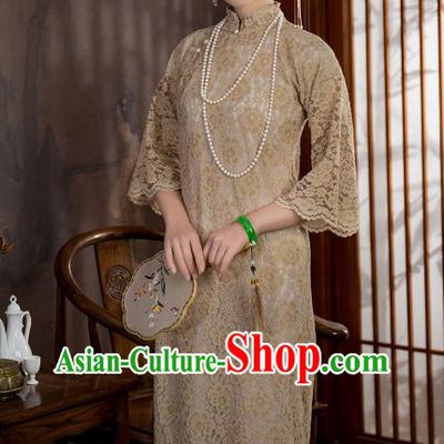 China National Apricot Lace Qipao Dress Clothing Traditional Young Lady Wide Sleeve Cheongsam