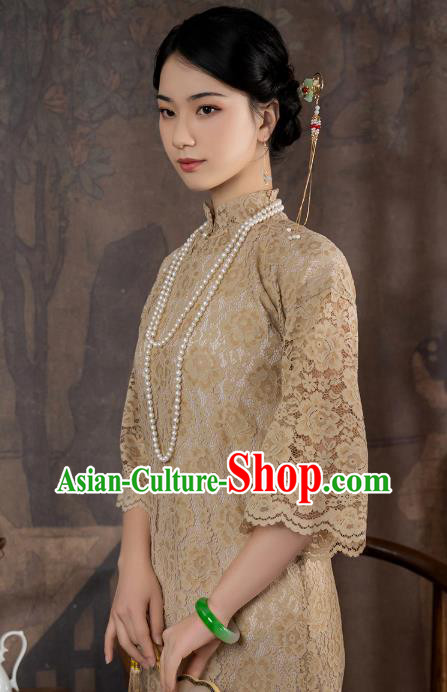 China National Apricot Lace Qipao Dress Clothing Traditional Young Lady Wide Sleeve Cheongsam China National Apricot Lace Qipao Dress Clothing Traditional Young Lady Wide Sleeve Cheongsam