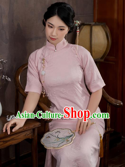 China National Qipao Dress Clothing Traditional Young Lady Jacquard Pink Cheongsam China National Qipao Dress Clothing Traditional Young Lady Jacquard Pink Cheongsam