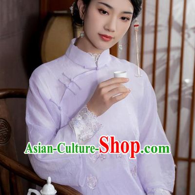 China Traditional Qipao Shirt Upper Outer Garment National Woman Embroidered Lilac Blouse