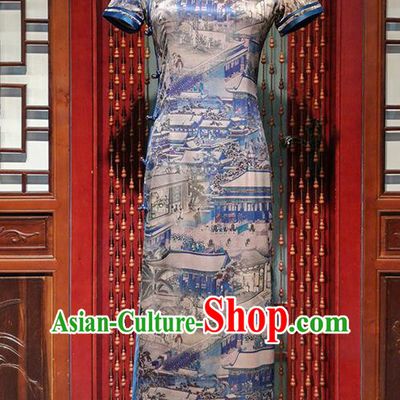 Chinese Classical Printing Brocade Cheongsam Traditional Stage Performance Qipao Dress