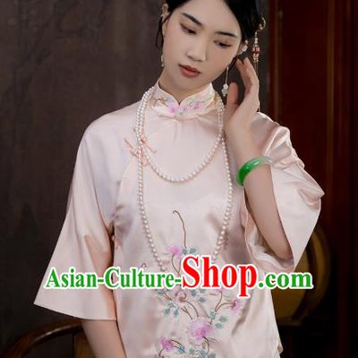 China Traditional Tang Suit Shirt Upper Outer Garment National Woman Embroidered Pink Silk Blouse