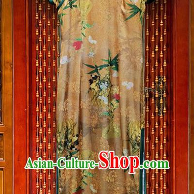 Chinese Classical Printing Flowers Yellow Silk Qipao Dress Gambiered Guangdong Gauze Cheongsam Costume