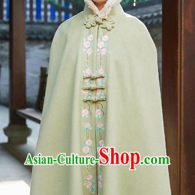 Chinese Traditional Embroidered Green Woolen Cape Costume National Women Tang Suit Long Cloak Overcoat