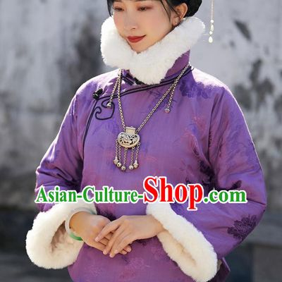 China Traditional Stand Collar Overcoat Outer Garment National Woman Purple Silk Cotton Wadded Jacket