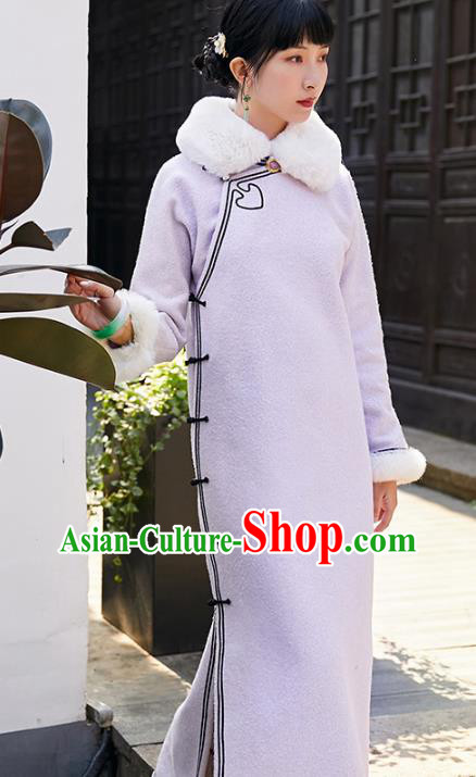 China National Lapel Qipao Dress Clothing Traditional Winter Purple Woolen Cheongsam China National Lapel Qipao Dress Clothing Traditional Winter Purple Woolen Cheongsam