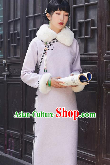 China National Lapel Qipao Dress Clothing Traditional Winter Purple Woolen Cheongsam China National Lapel Qipao Dress Clothing Traditional Winter Purple Woolen Cheongsam