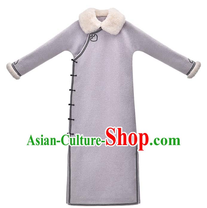 China National Lapel Qipao Dress Clothing Traditional Winter Purple Woolen Cheongsam China National Lapel Qipao Dress Clothing Traditional Winter Purple Woolen Cheongsam
