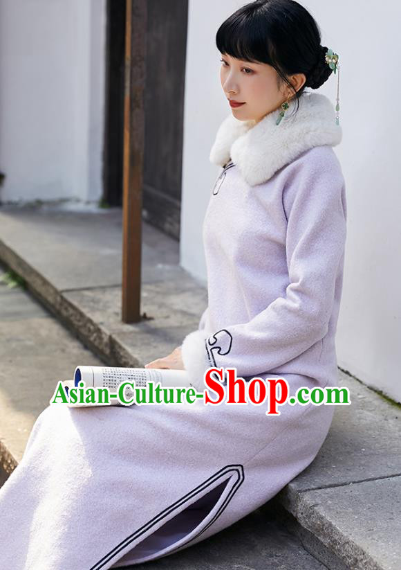 China National Lapel Qipao Dress Clothing Traditional Winter Purple Woolen Cheongsam China National Lapel Qipao Dress Clothing Traditional Winter Purple Woolen Cheongsam