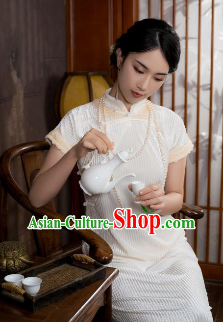 China National Young Lady Qipao Dress Clothing Traditional White Velvet Cheongsam China National Young Lady Qipao Dress Clothing Traditional White Velvet Cheongsam