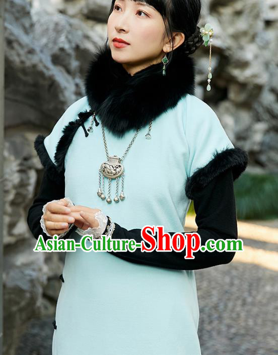 China Traditional Young Lady Light Blue Cheongsam National Winter Long Qipao Dress Clothing